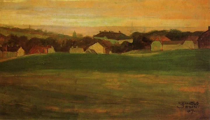 Egon Schiele Meadow with Village in Background